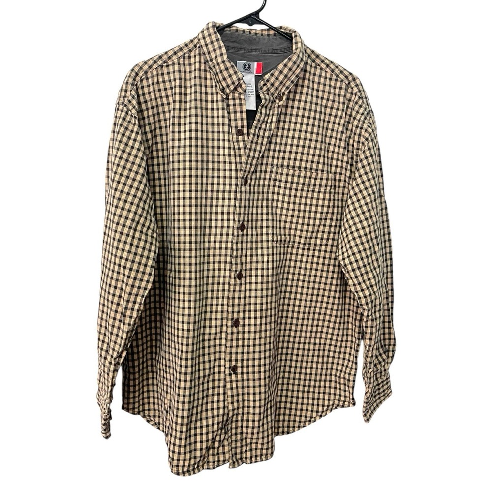 Arizona Jean Co Large Tan Black Gingham Button Down Shirt Plaid Grunge Earthy